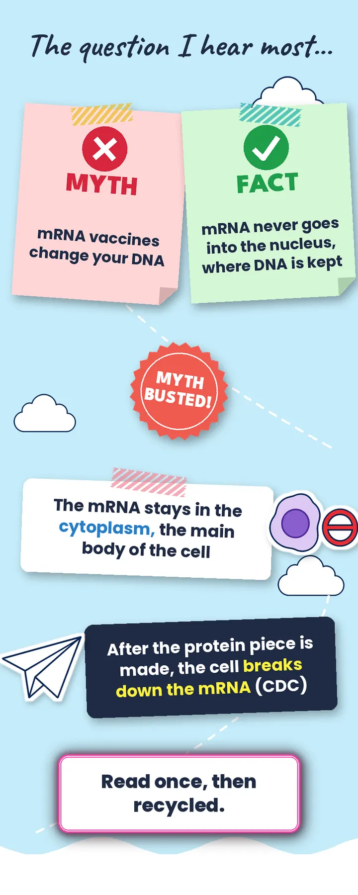 Myth versus fact: mRNA vaccines do not change your DNA because mRNA never enters the nucleus and is broken down after use